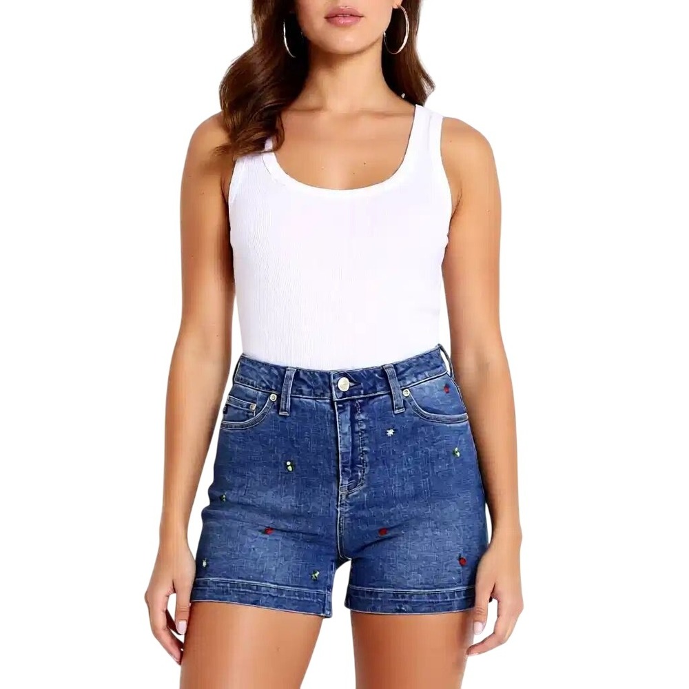 Seven7 Women's Embroidered Denim Shorts Clean Hem 5‎ Inch Inseam Blue Size 6 NWT
